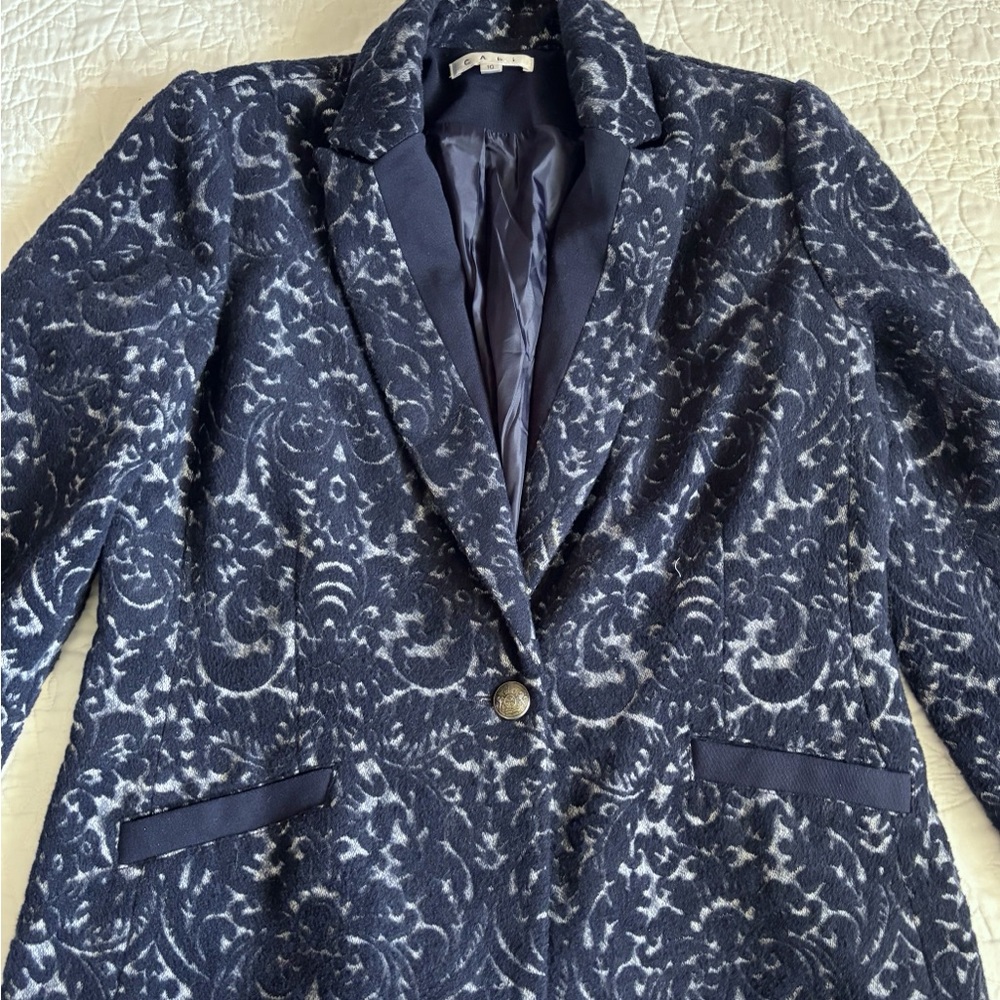 Cabi Women's Size 10 Brocade Single Button Blazer Navy Blue Jacquard Print